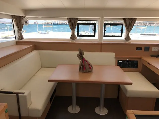 Salon of Tulip, a Lagoon 400 S2 catamaran at Lavreotiki Municipal Unit, Greece