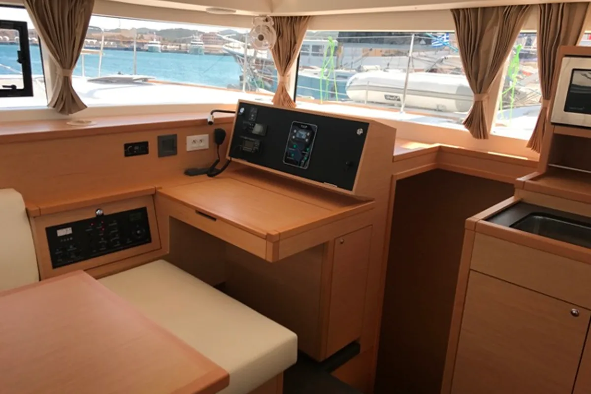 Salon of Tulip, a Lagoon 400 S2 catamaran at Lavreotiki Municipal Unit, Greece