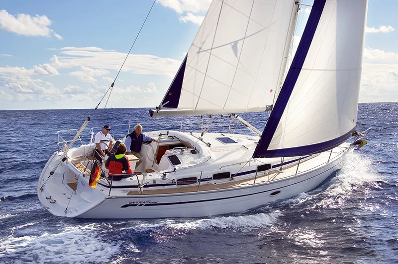Exterior view of Paula, a Bavaria 37 Cruiser sailboat at Kontokali, Greece