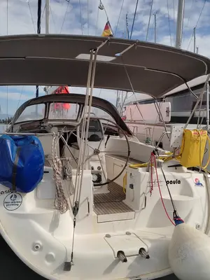Deck of Paula, a Bavaria 37 Cruiser sailboat at Kontokali, Greece