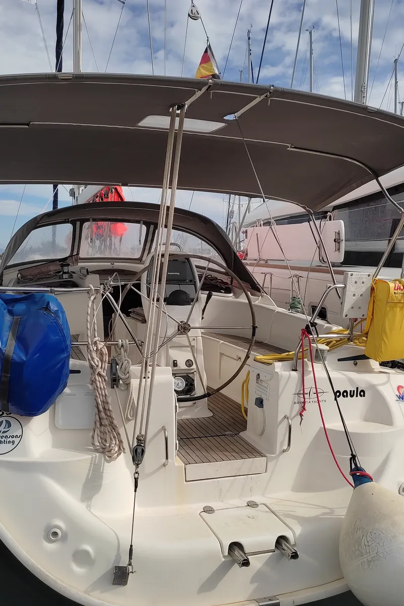 Deck of Paula, a Bavaria 37 Cruiser sailboat at Kontokali, Greece