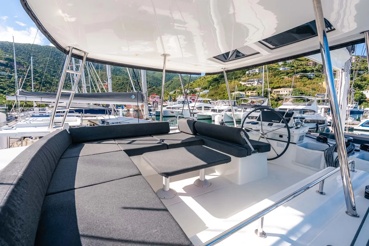 Deck of Moondance, a Lagoon 51 OW catamaran at Road Town, British Virgin Islands