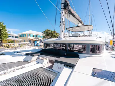 Deck of Moondance, a Lagoon 51 OW catamaran at Road Town, British Virgin Islands