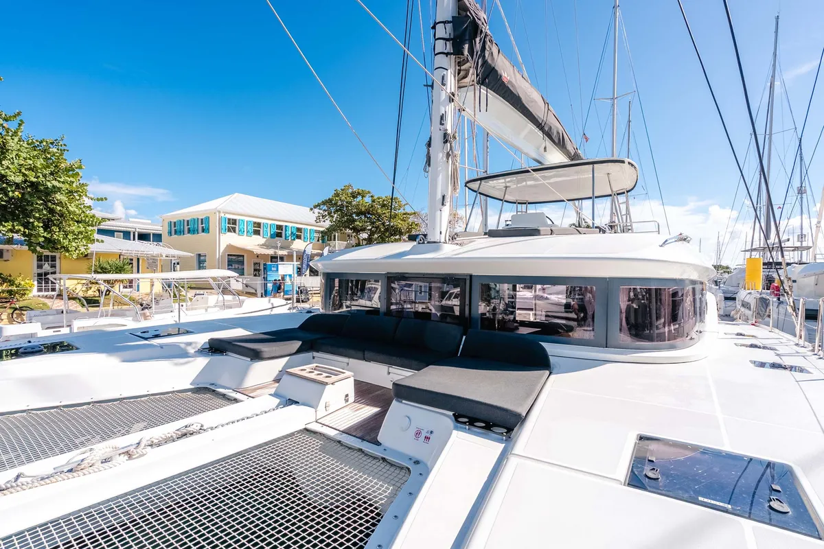 Deck of Moondance, a Lagoon 51 OW catamaran at Road Town, British Virgin Islands