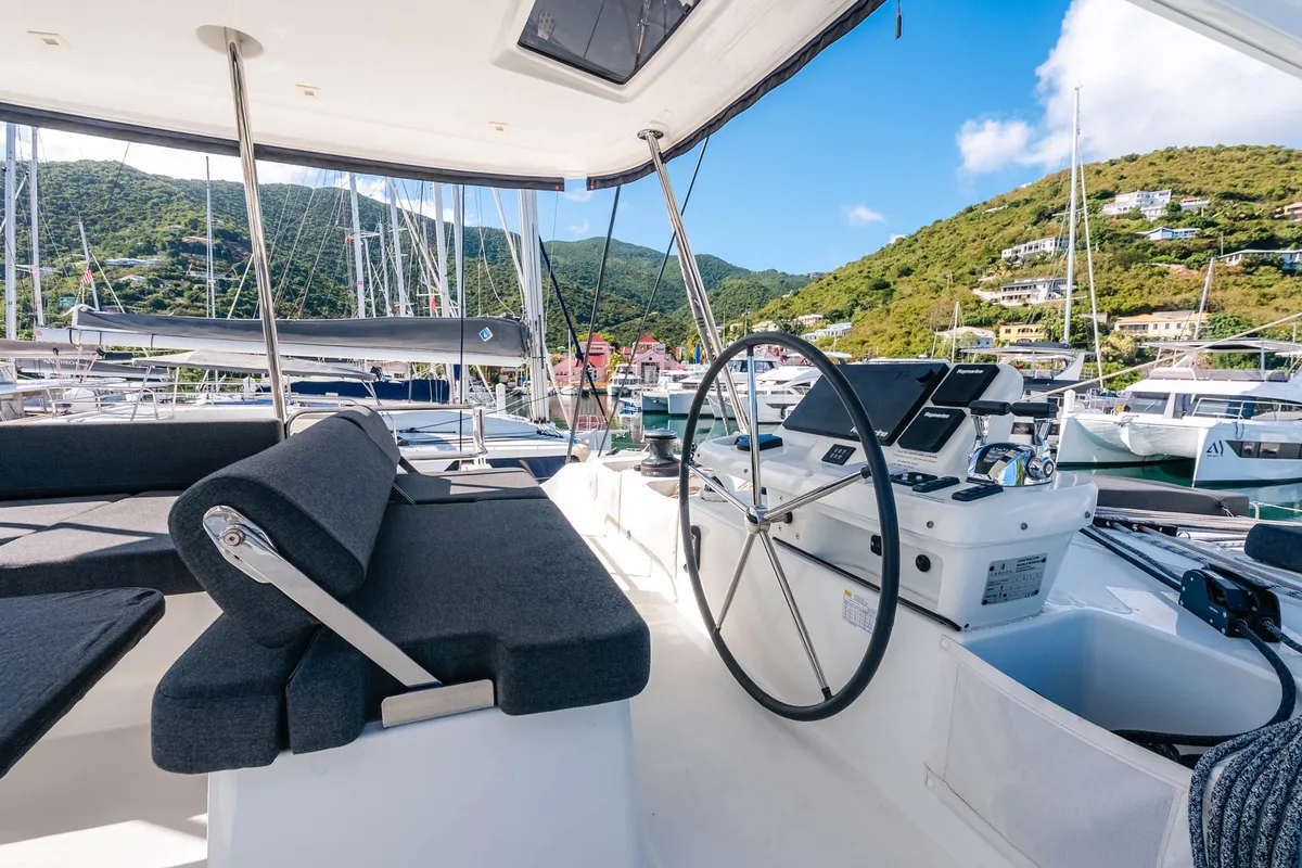 Cockpit of Moondance, a Lagoon 51 OW catamaran at Road Town, British Virgin Islands