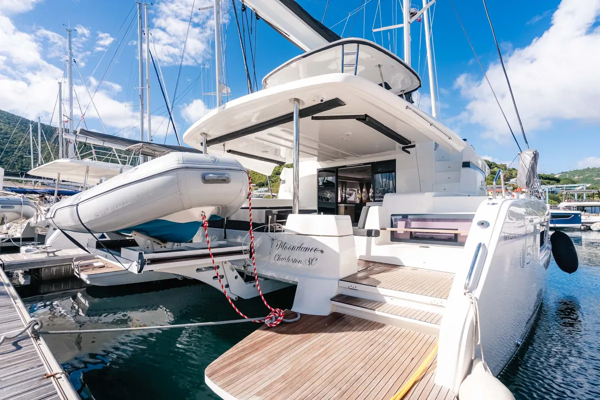 Exterior view of Moondance, a Lagoon 51 OW catamaran at Road Town, British Virgin Islands
