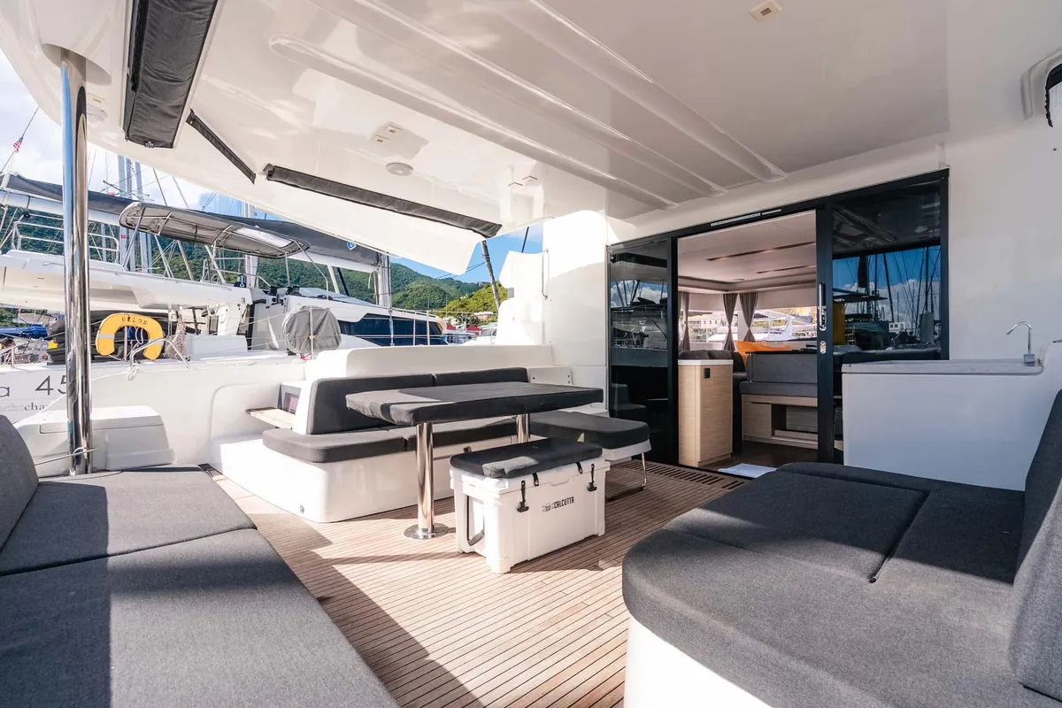 Deck of Moondance, a Lagoon 51 OW catamaran at Road Town, British Virgin Islands