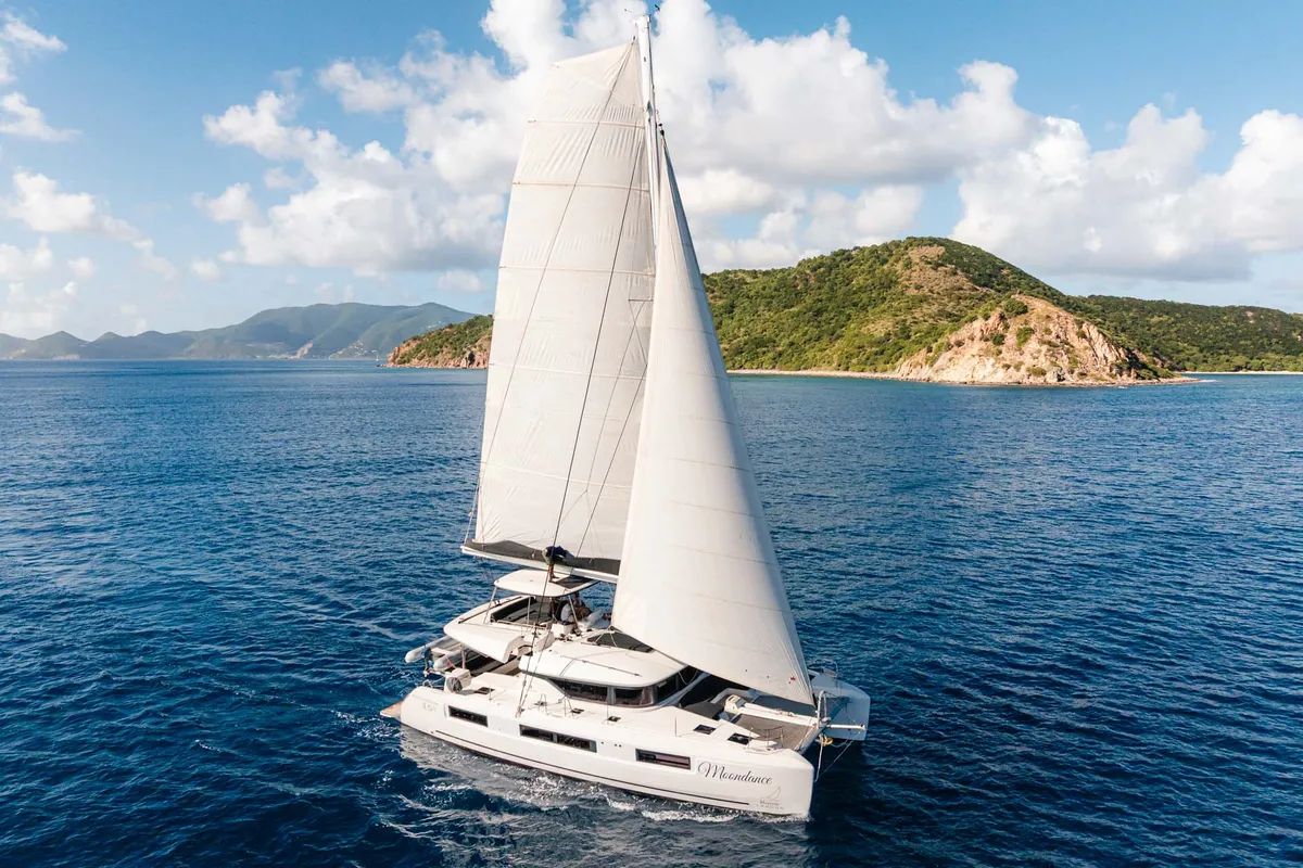 Exterior view of Moondance, a Lagoon 51 OW catamaran at Road Town, British Virgin Islands