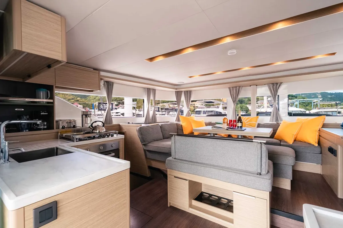 Salon of Moondance, a Lagoon 51 OW catamaran at Road Town, British Virgin Islands