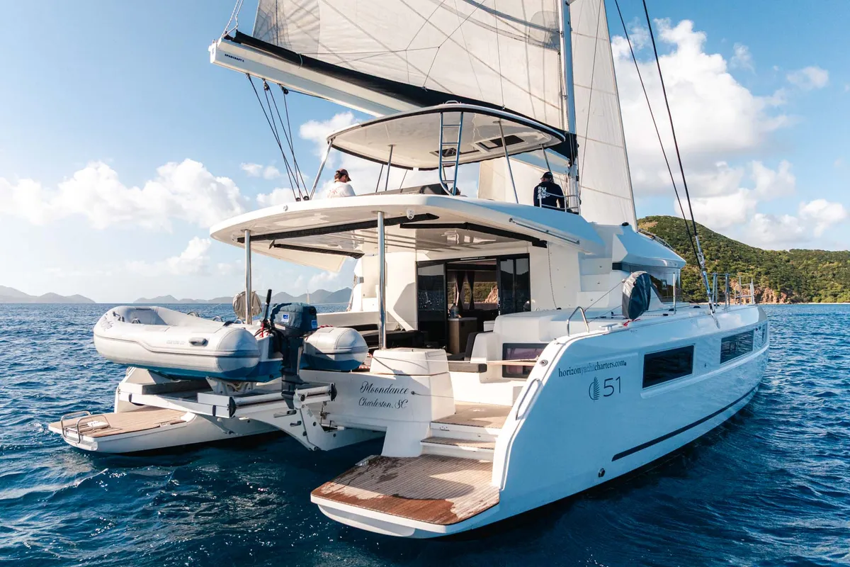 Exterior view of Moondance, a Lagoon 51 OW catamaran at Road Town, British Virgin Islands