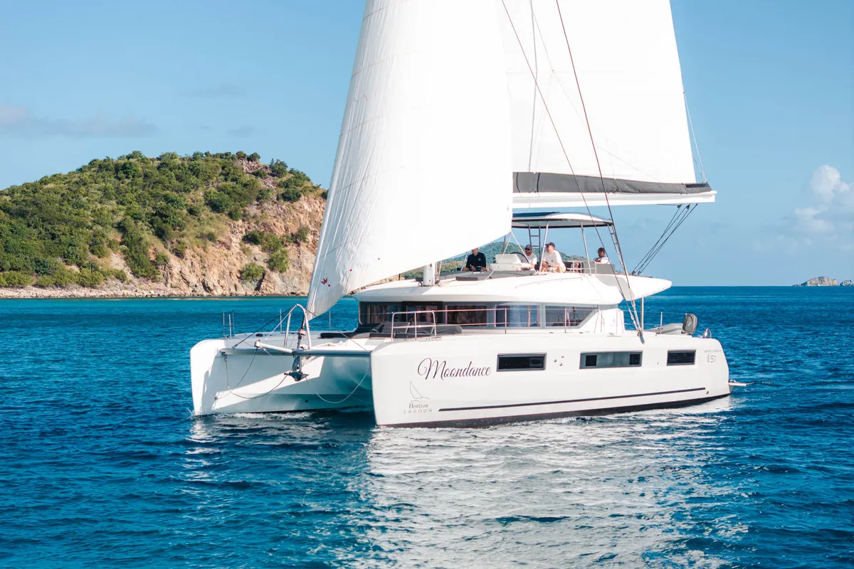 Exterior view of Moondance, a Lagoon 51 OW catamaran at Road Town, British Virgin Islands