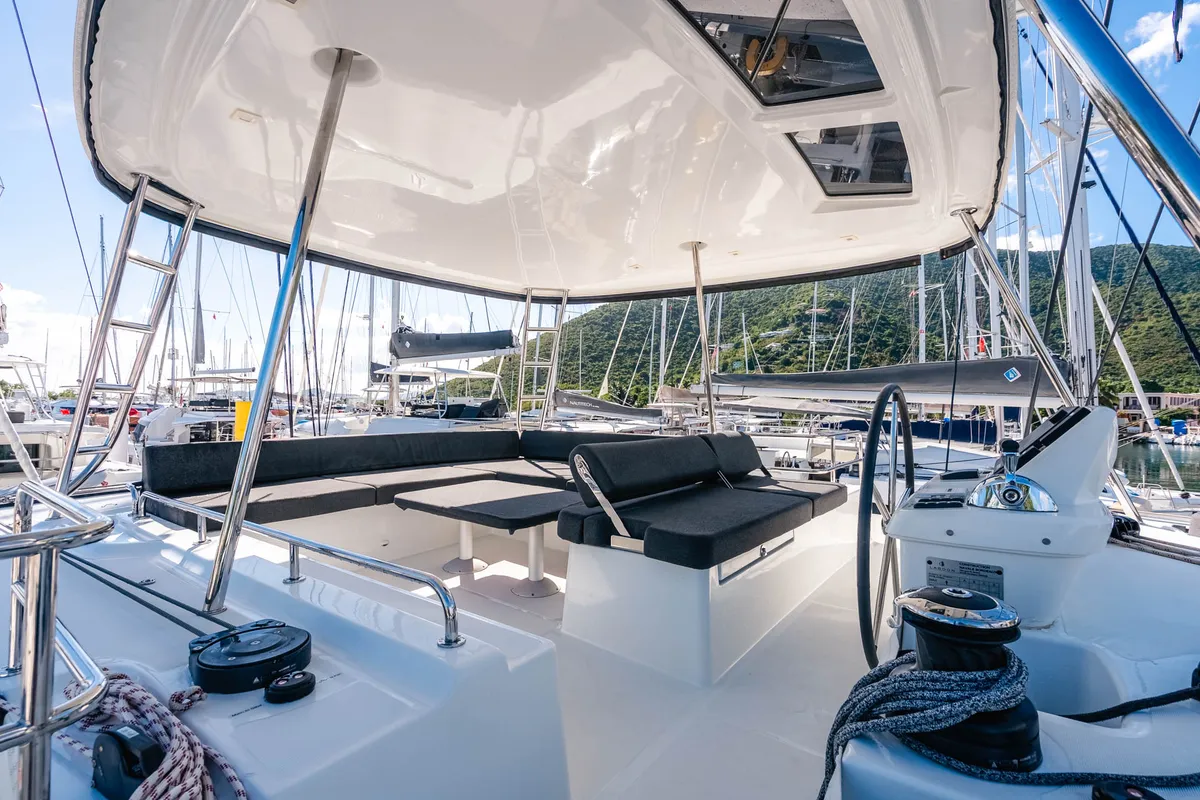 Deck of Moondance, a Lagoon 51 OW catamaran at Road Town, British Virgin Islands