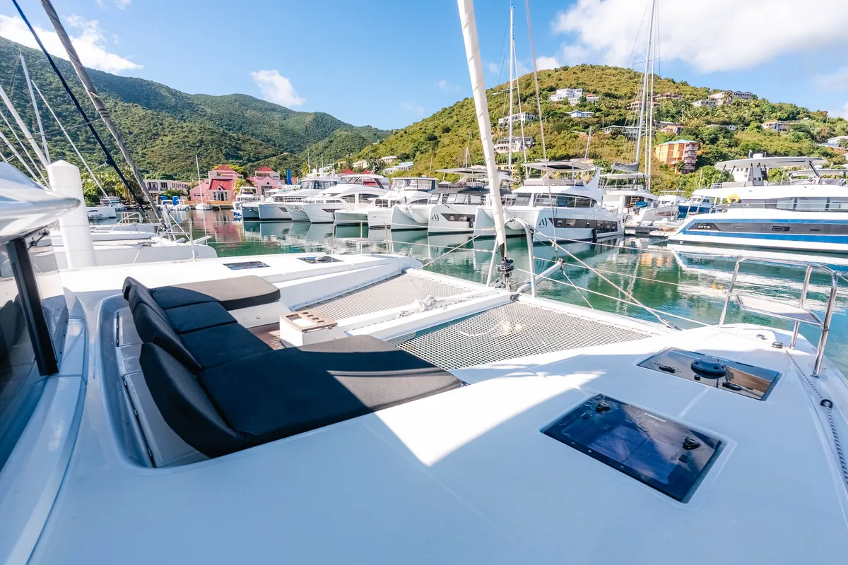 Deck of Moondance, a Lagoon 51 OW catamaran at Road Town, British Virgin Islands