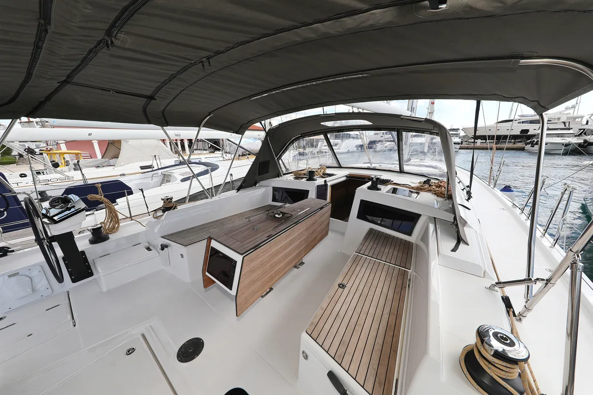 Deck of Blue Moon, a Dufour 470 sailboat at Primošten, Croatia