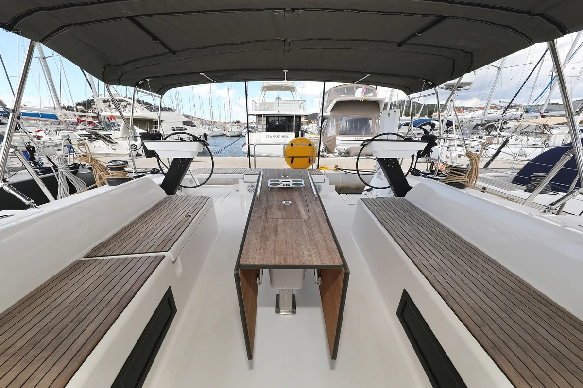 Deck of Blue Moon, a Dufour 470 sailboat at Primošten, Croatia