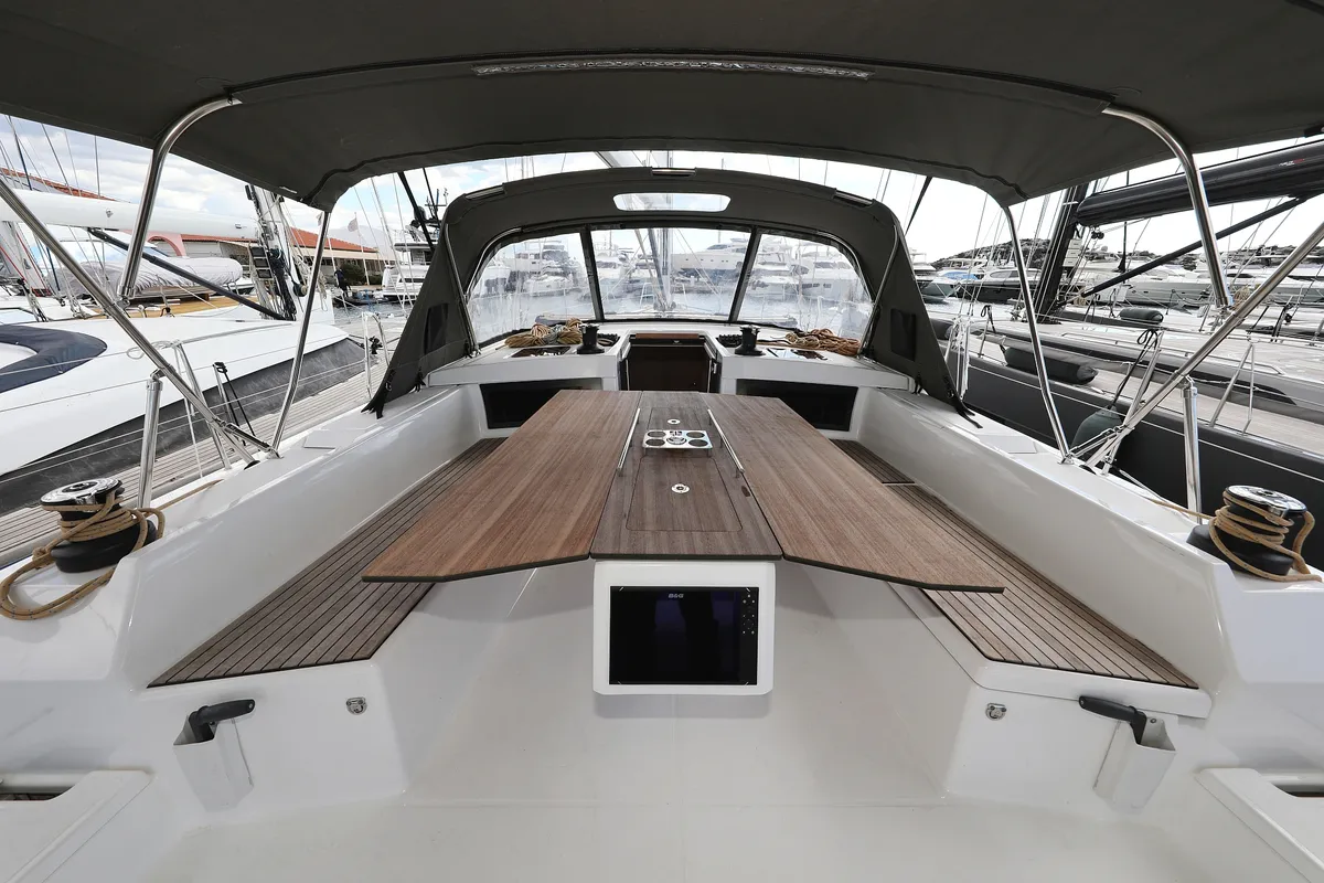 Deck of Blue Moon, a Dufour 470 sailboat at Primošten, Croatia