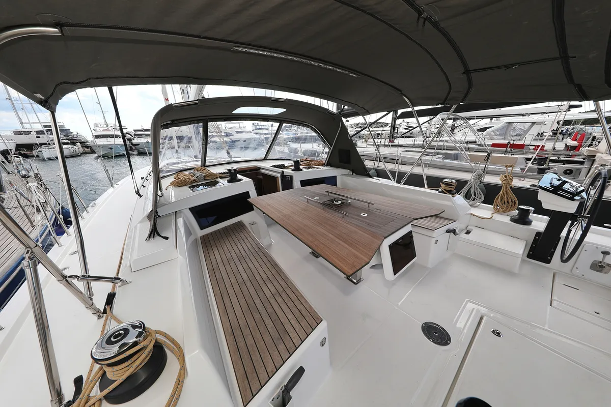 Deck of Blue Moon, a Dufour 470 sailboat at Primošten, Croatia