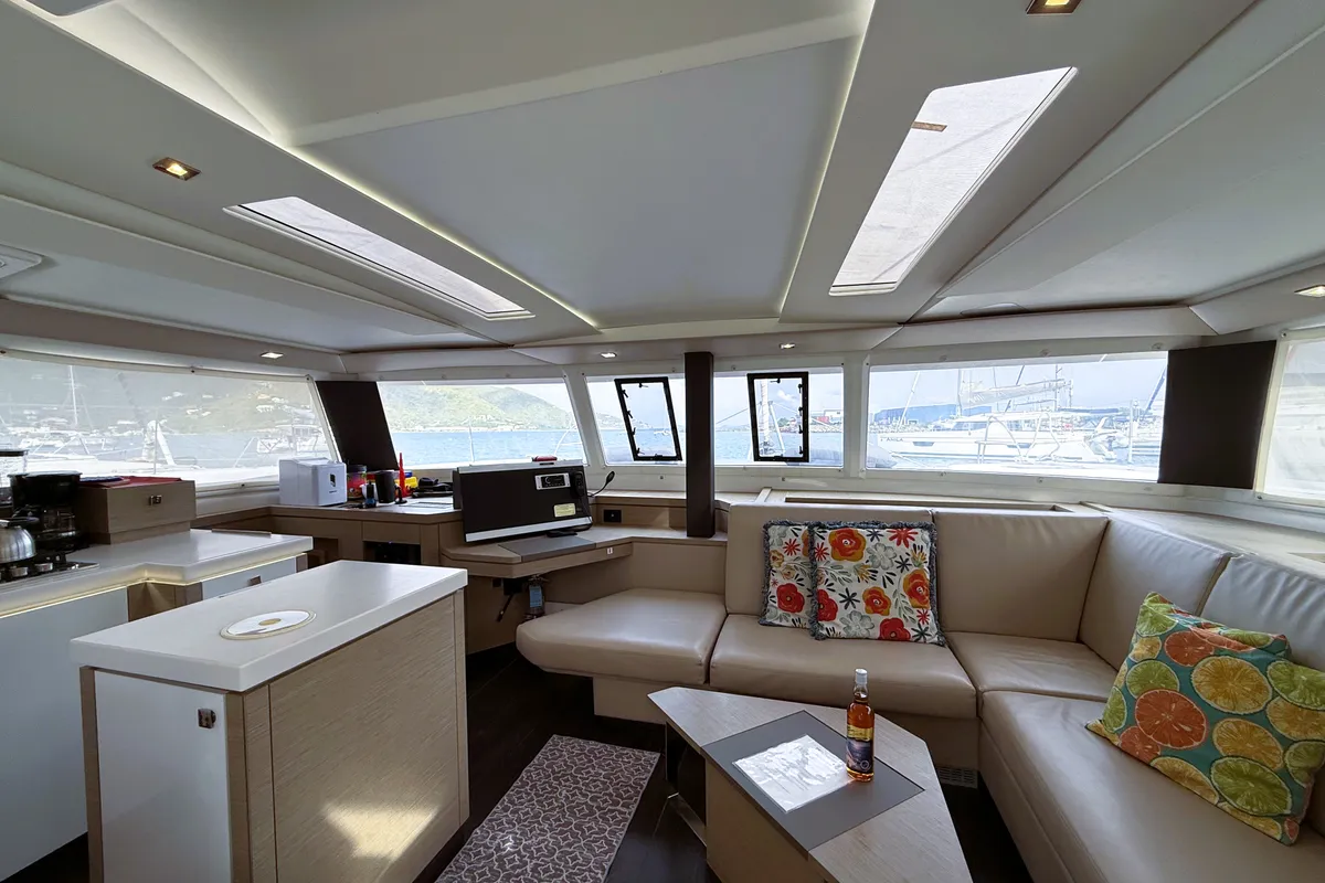 Salon of Parrot Ice, a Fountaine Pajot Saona 47 catamaran at Road Town, British Virgin Islands
