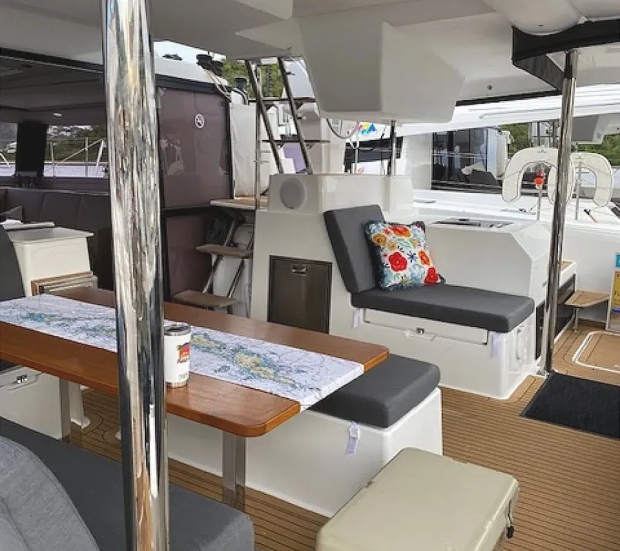Deck of Parrot Ice, a Fountaine Pajot Saona 47 catamaran at Road Town, British Virgin Islands