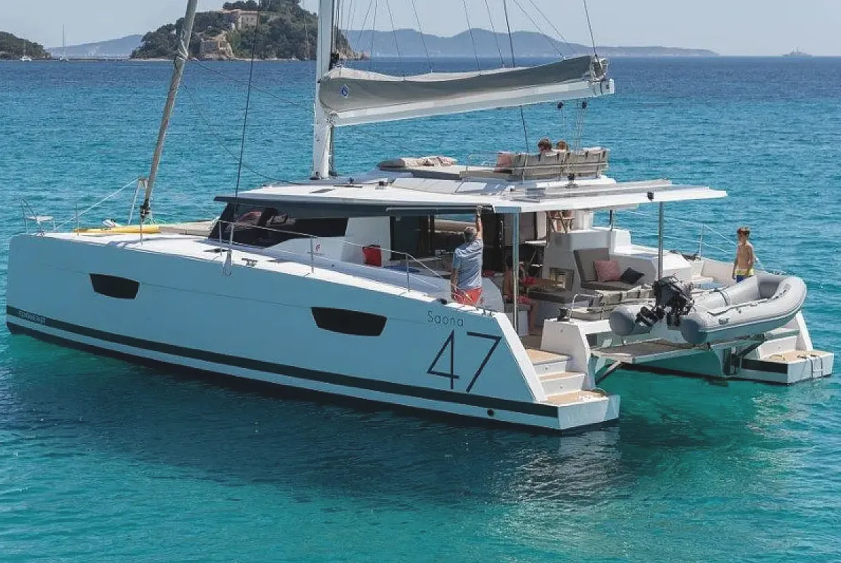 Exterior view of Parrot Ice, a Fountaine Pajot Saona 47 catamaran at Road Town, British Virgin Islands