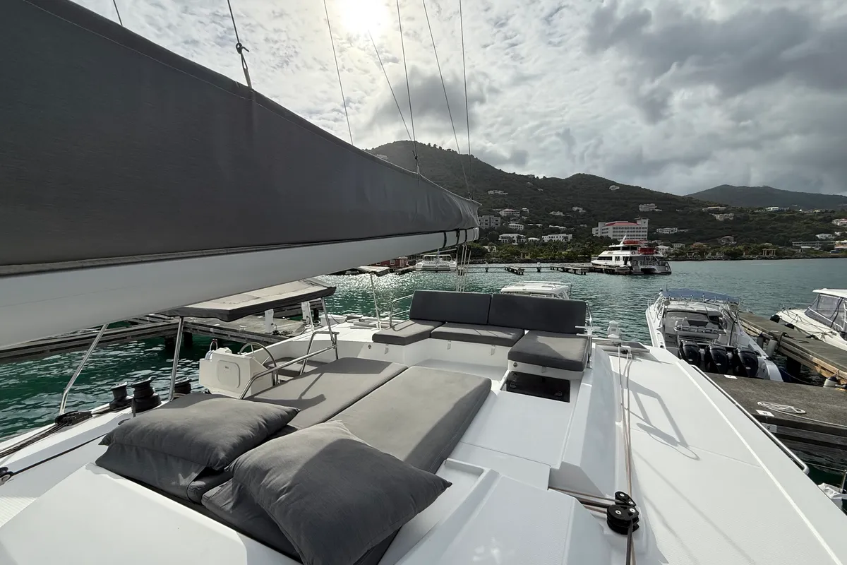 Deck of Parrot Ice, a Fountaine Pajot Saona 47 catamaran at Road Town, British Virgin Islands