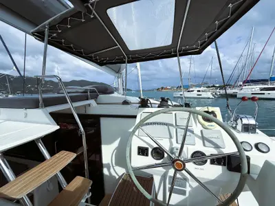 Cockpit of Parrot Ice, a Fountaine Pajot Saona 47 catamaran at Road Town, British Virgin Islands