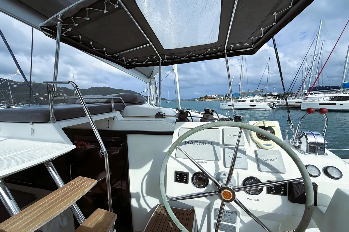 Cockpit of Parrot Ice, a Fountaine Pajot Saona 47 catamaran at Road Town, British Virgin Islands