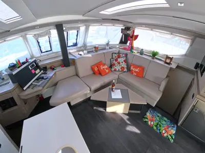 Salon of Parrot Ice, a Fountaine Pajot Saona 47 catamaran at Road Town, British Virgin Islands