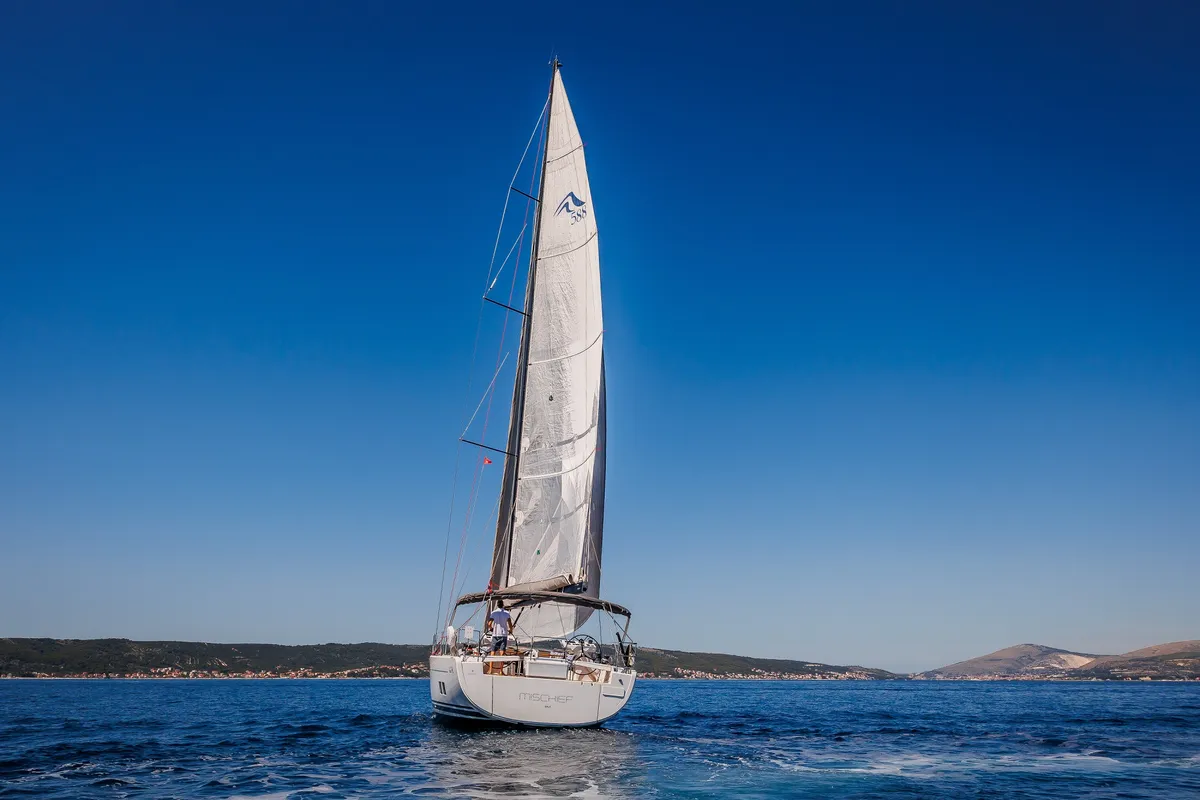 Exterior view of Mischief 2.0, a Hanse 588 sailboat at Općina Sukošan, Croatia