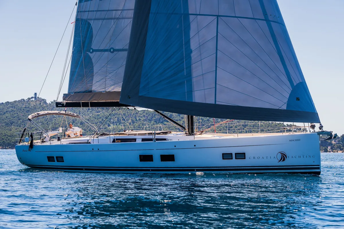 Exterior view of Mischief 2.0, a Hanse 588 sailboat at Općina Sukošan, Croatia