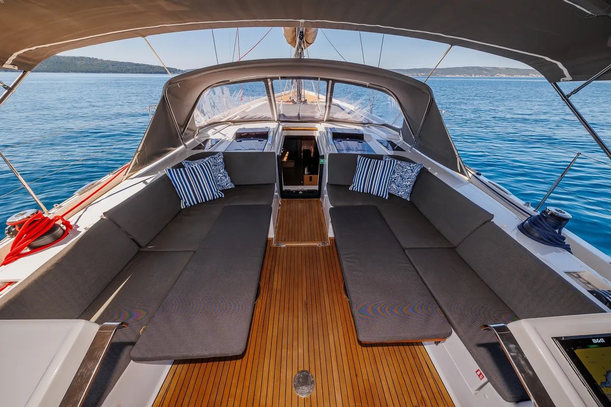 Deck of Mischief 2.0, a Hanse 588 sailboat at Općina Sukošan, Croatia