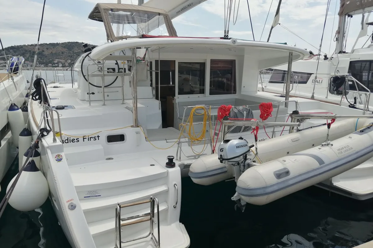 Exterior view of Ladies First, a Lagoon 400 S2 catamaran at Općina Rogoznica, Croatia
