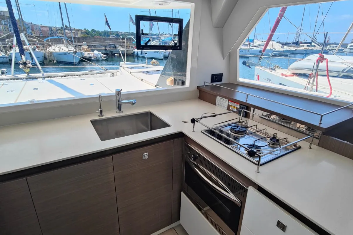 Galley of Nicot, a Leopard 42 catamaran at Procida, Italy