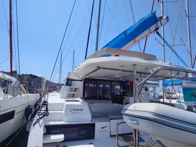 Exterior view of Nicot, a Leopard 42 catamaran at Procida, Italy