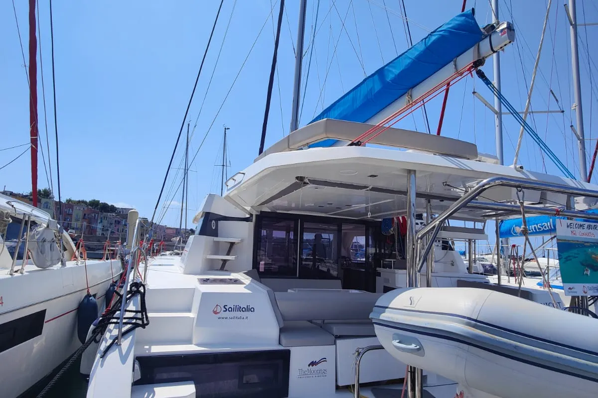 Exterior view of Nicot, a Leopard 42 catamaran at Procida, Italy