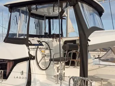 Cockpit of Memi, a Lagoon 42 catamaran at Palermo, Italy