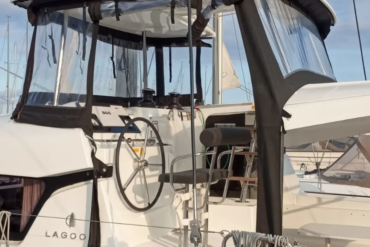 Cockpit of Memi, a Lagoon 42 catamaran at Palermo, Italy