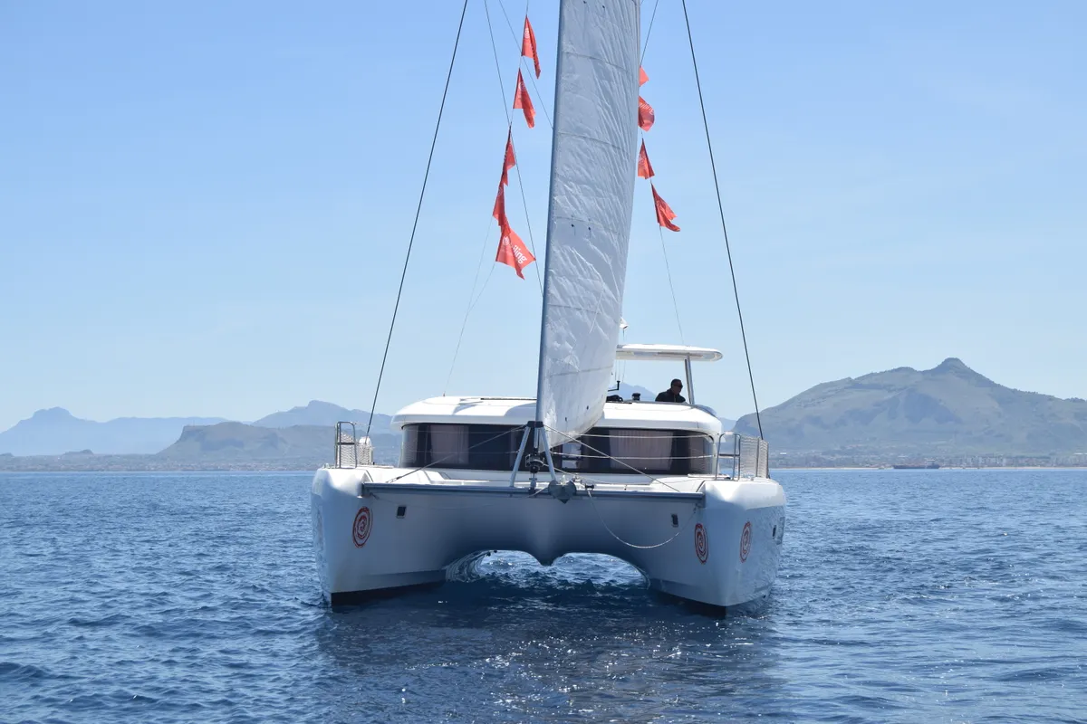 Exterior view of Memi, a Lagoon 42 catamaran at Palermo, Italy