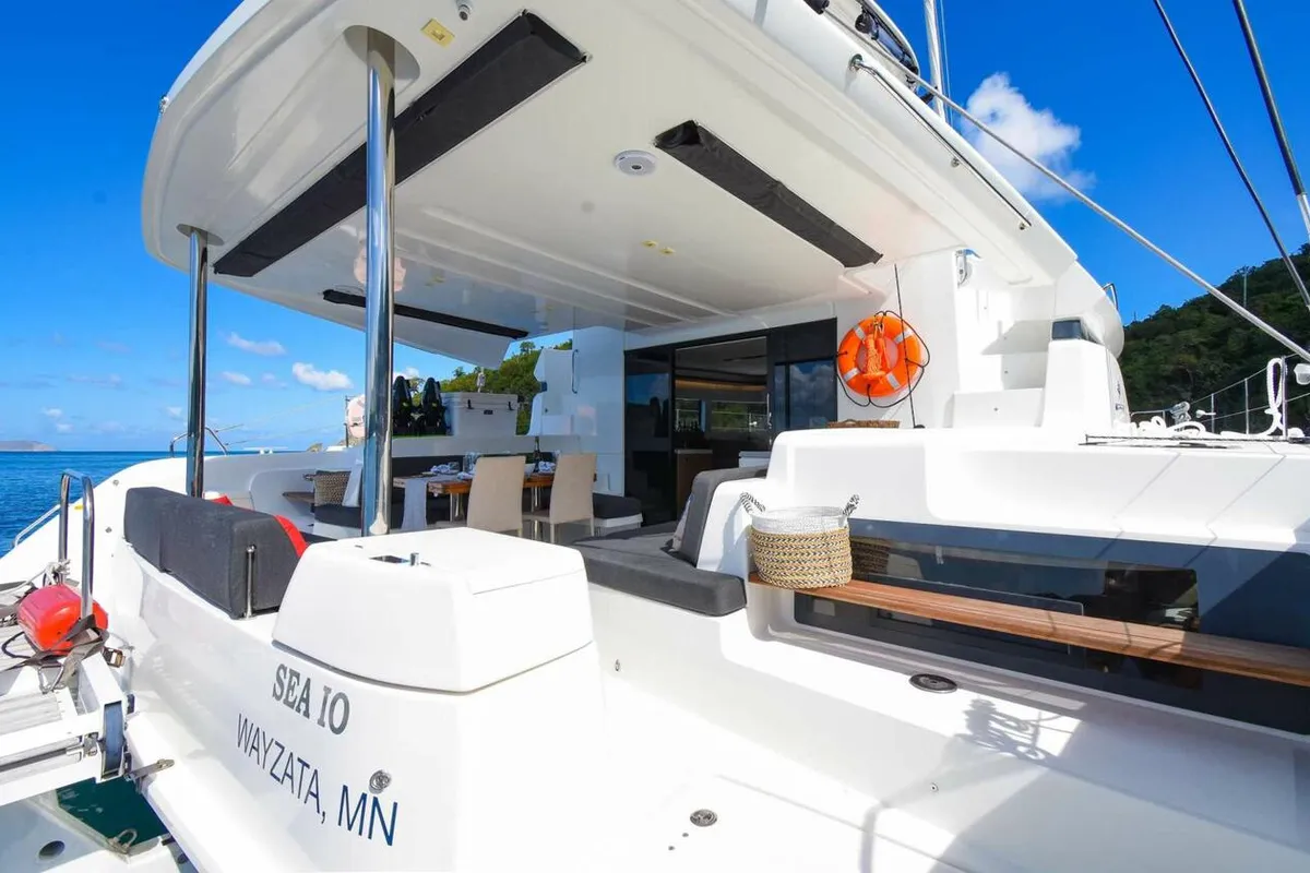 Deck of Sea IO, a Lagoon 50 OW catamaran at Road Town, British Virgin Islands