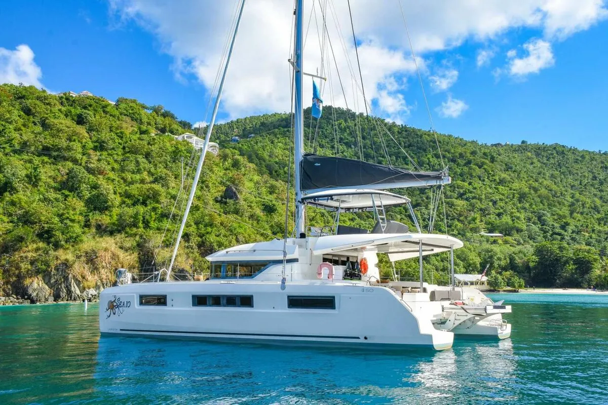 Exterior view of Sea IO, a Lagoon 50 OW catamaran at Road Town, British Virgin Islands