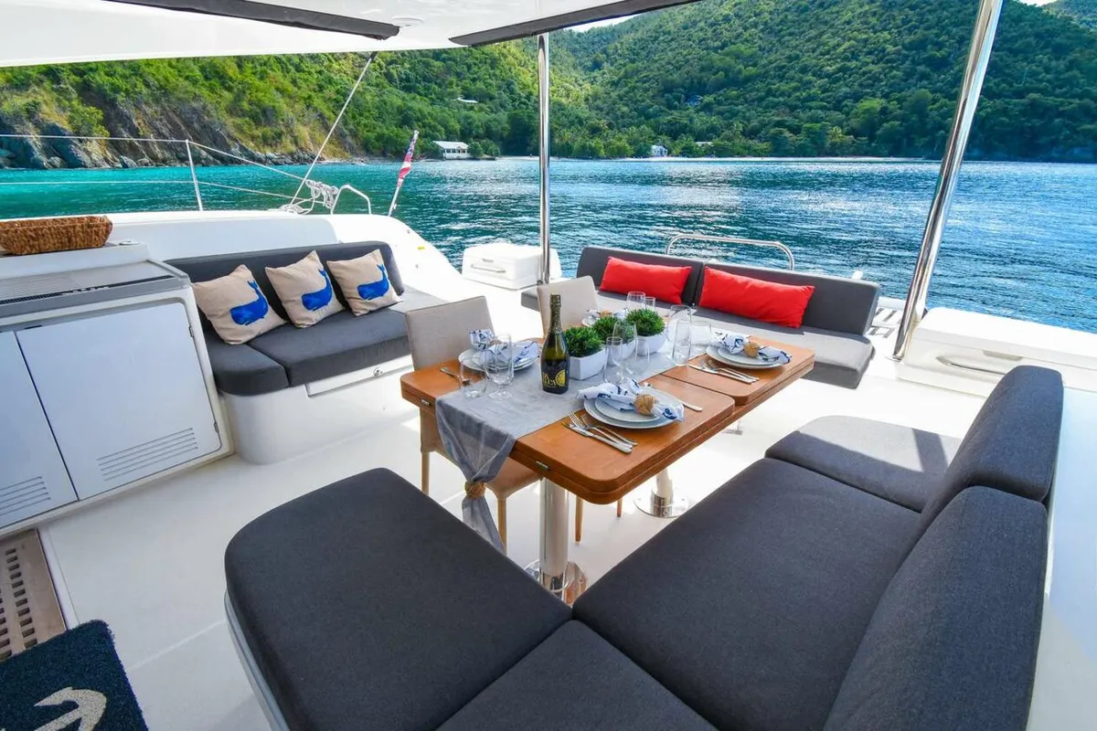 Deck of Sea IO, a Lagoon 50 OW catamaran at Road Town, British Virgin Islands