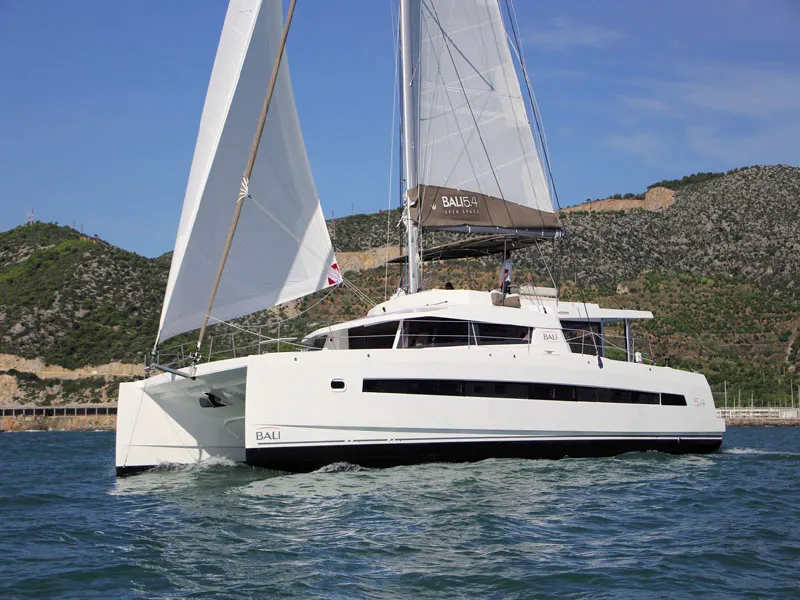 Exterior view of License to chill, a Bali 5.4 catamaran at Athens, Greece