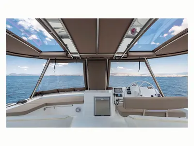 Cockpit of License to chill, a Bali 5.4 catamaran at Athens, Greece