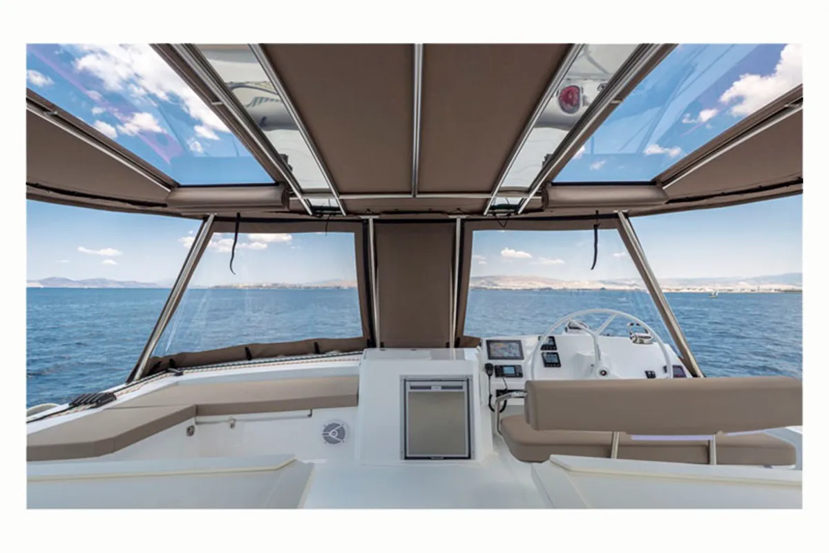 Cockpit of License to chill, a Bali 5.4 catamaran at Athens, Greece