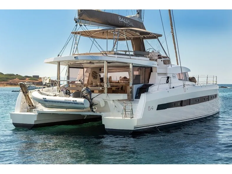 Exterior view of License to chill, a Bali 5.4 catamaran at Athens, Greece