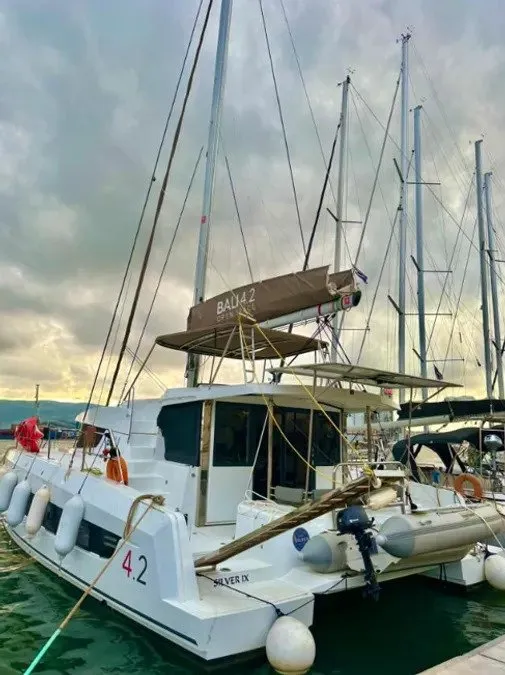 Exterior view of Silver IX, a Bali 4.2 catamaran at Volos, Greece