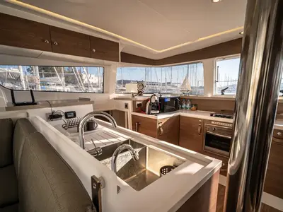 Galley of Silver IX, a Bali 4.2 catamaran at Volos, Greece