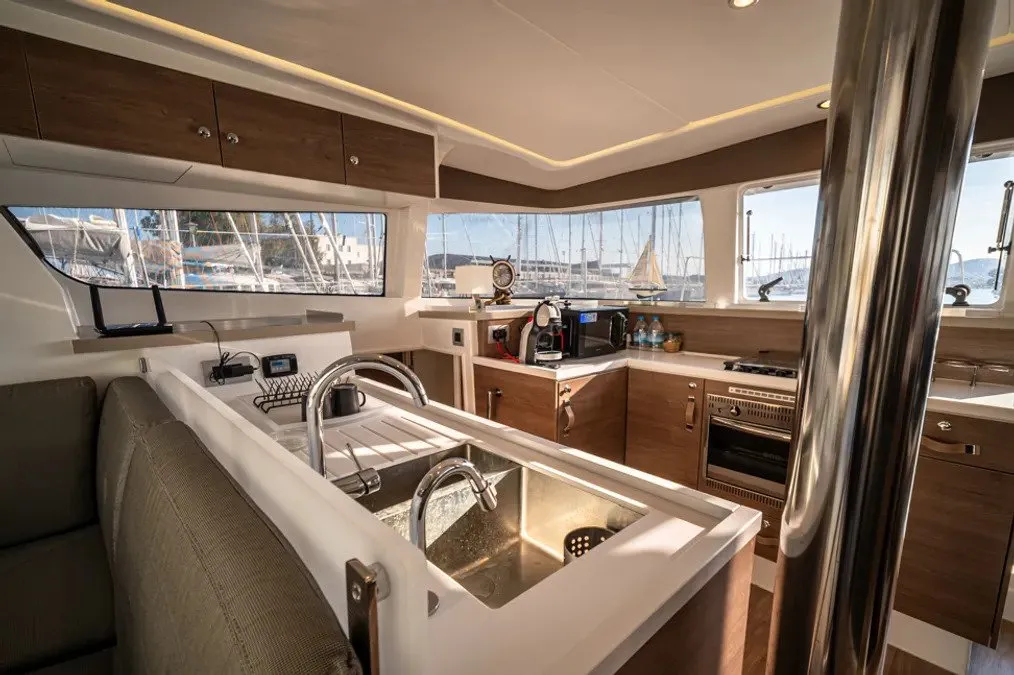 Galley of Silver IX, a Bali 4.2 catamaran at Volos, Greece