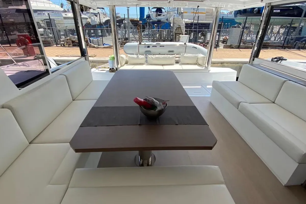 Deck of Anna, a Bali 4.8 catamaran at Capo d'Orlando, Italy