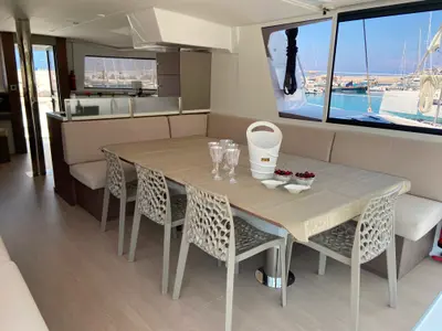 Salon of Anna, a Bali 4.8 catamaran at Capo d'Orlando, Italy